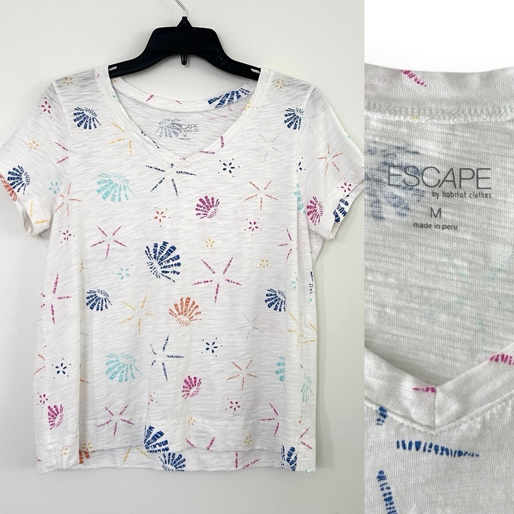 Escape by Habitat Clothes M White Seashell 100% Cotton Short Sleeve Top NWOT
